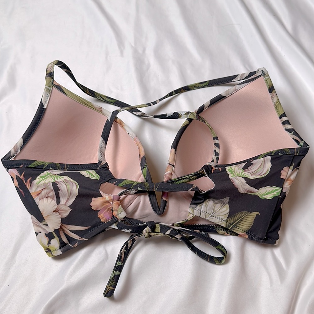 crossback gray and blush toned floral bikini top, lightly padded underwire bust - Picture 2 of 7